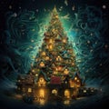 interior christmas. magic glowing tree, fireplace and gifts Generative AI technology Royalty Free Stock Photo