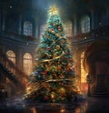 interior christmas. magic glowing tree, fireplace and gifts Generative AI technology, Royalty Free Stock Photo