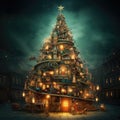 interior christmas. magic glowing tree, fireplace and gifts Generative AI technology, Royalty Free Stock Photo