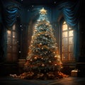 interior christmas. magic glowing tree, fireplace and gifts Generative AI technology, Royalty Free Stock Photo