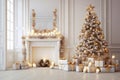 interior christmas. magic glowing tree, fireplace, gifts on white wooden floor Royalty Free Stock Photo