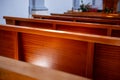 interior of church. Church Pews, empty church. View of rows of wooden pews