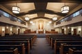 interior of church showing pulpit with modern light fixtures Royalty Free Stock Photo