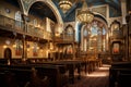 The interior of a church with stained glass windows Royalty Free Stock Photo