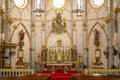 interior of church, Stained glass windows with sun rays pouring in, located in southern Chile in the Los Lagos Region Royalty Free Stock Photo