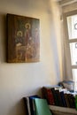 NIZHNY NOVGOROD - APRIL 18, 2023: The interior of the church with a window, icon and Orthodox religious books