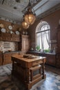 Interior of a classic baroque, colonial style kitchen with wooden furniture