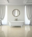 Interior of classic bathroom with curtains round mirror 3D rendering