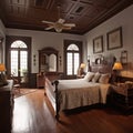 Interior of a classic bedroom with a large bed and parquet. Colonial style Royalty Free Stock Photo