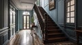 Interior of classic staircase corridor. Colonial, country style Royalty Free Stock Photo