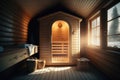 Interior classic wooden Finnish sauna. Wooden interior. Spa complex. Royalty Free Stock Photo