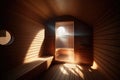 Interior classic wooden Finnish sauna. Wooden interior. Spa complex.
