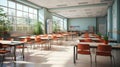 Interior of clean bright classroom in modern school or college. Spacious room with light blue walls, many desks, chairs Royalty Free Stock Photo