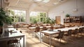 Interior of clean bright classroom in modern school or college. Spacious room with white walls, large comfortable desks Royalty Free Stock Photo