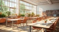 Interior of clean bright classroom in modern school or college. Spacious room with white walls, many comfortable desks Royalty Free Stock Photo