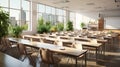 Interior of clean bright classroom in modern school or college. Spacious room with white walls, many comfortable desks Royalty Free Stock Photo