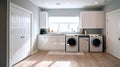 Interior clean white laundry room with front load washer and dryer units , condo, home. Royalty Free Stock Photo