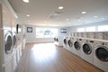 Interior clean white laundry room with front load washer and dryer units. Generative AI Royalty Free Stock Photo