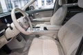 Interior, cockpit, bright car interior Hyundai Genesis GV60 model, driver and passenger seats, korean Electric Hyundai Motor