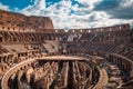 Interior of the Coliseum Flavian amphitheater or Anfiteatro Flavio, Colosseo. Antique roman gladiator arena.