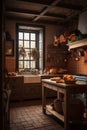 Interior of a colonial, rustic kitchen in a country house with wooden furniture