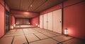 The interior color Red room inteior with tatami mat floor.3D rendering Royalty Free Stock Photo
