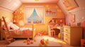 Interior of colorful kids bedroom for child girl. Decorative baby room wooden detail. generative ai