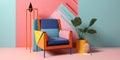 room art design interior home geometric green memphis armchair colourful sofa. Generative AI.