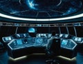 Interior of the command center of a colossal starship, panoramic views of outer space