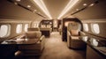 Interior of a commercial airplane with seats and luggage in the cabin. Flying in first class. Business flights. Private plane. Com Royalty Free Stock Photo