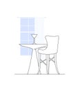 Interior composition of small table and single chair in front of window. Cafeteria table for date with yourself. Outline