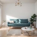 Interior composition with a soft sofa and tables on a white wall background / Royalty Free Stock Photo