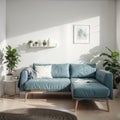 Interior composition with a soft sofa and tables on a white wall background /