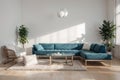 Interior composition with a soft sofa and tables on a white wall background / Royalty Free Stock Photo