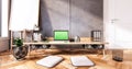 interior Computer and office tools on mini desk in room concrete and white brick wall design. 3D rendering