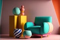 Interior concept of memphis design colorful, Armchair with console and prop
