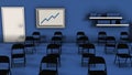 Interior of conference hall in blue colors with chairs, board with a graph, book chelves and the door. Animation. 3D