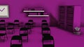Interior of conference hall in pink colors with chairs, board with a graph, book chelves and the door. Animation. 3D