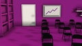 Interior of conference hall in pink colors with chairs, board with a graph, book chelves and the door. Animation. 3D