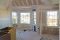 Interior construction of housing with drywall installed and patched without painting applied Royalty Free Stock Photo