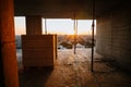 Interior construction of housing project with drywall installed and patched without painting applied Royalty Free Stock Photo