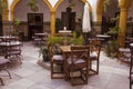 Interior of a Cordovan restaurant with a beautiful Andalusian patio. Cordoba, Andalusia, Spain