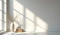 Interior corner with window casting light and shadow on plain wall. White vase with dried branches and stack of books rests on Royalty Free Stock Photo