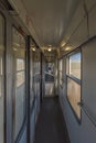 Interior of corridor of old coach from Brno to Plzen in spring morning