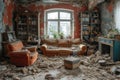 Interior with a couch. The room is in a state of disarray, with debris and rubble scattered throughout. The atmosphere is one of Royalty Free Stock Photo