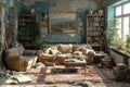 Interior with a couch. The room is in a state of disarray, with debris and rubble scattered throughout. The atmosphere is one of Royalty Free Stock Photo