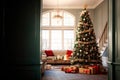 interior of a country house decorated with a Christmas tree on the eve of the holiday. large spacious bright room