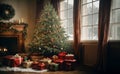 interior of a country house decorated with a Christmas tree on the eve of the holiday. large spacious bright room Royalty Free Stock Photo