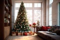 interior of a country house decorated with a Christmas tree on the eve of the holiday. large spacious bright room