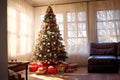 interior of a country house decorated with a Christmas tree on the eve of the holiday. large spacious bright room